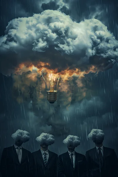 Surreal Businessmen With Cloud Heads Under Glowing Lightbulb