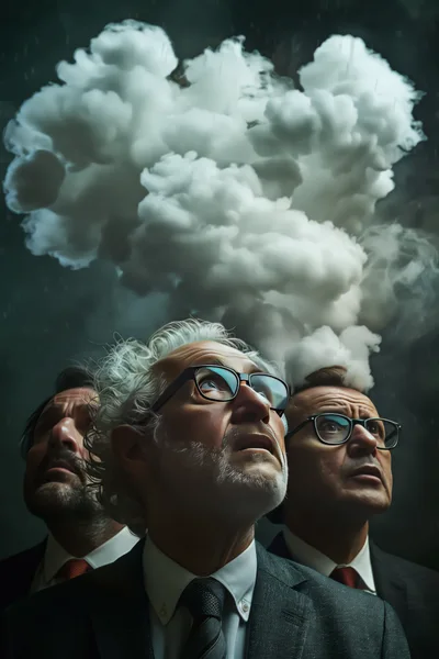 Three Businessmen Looking Up At A Storm Cloud