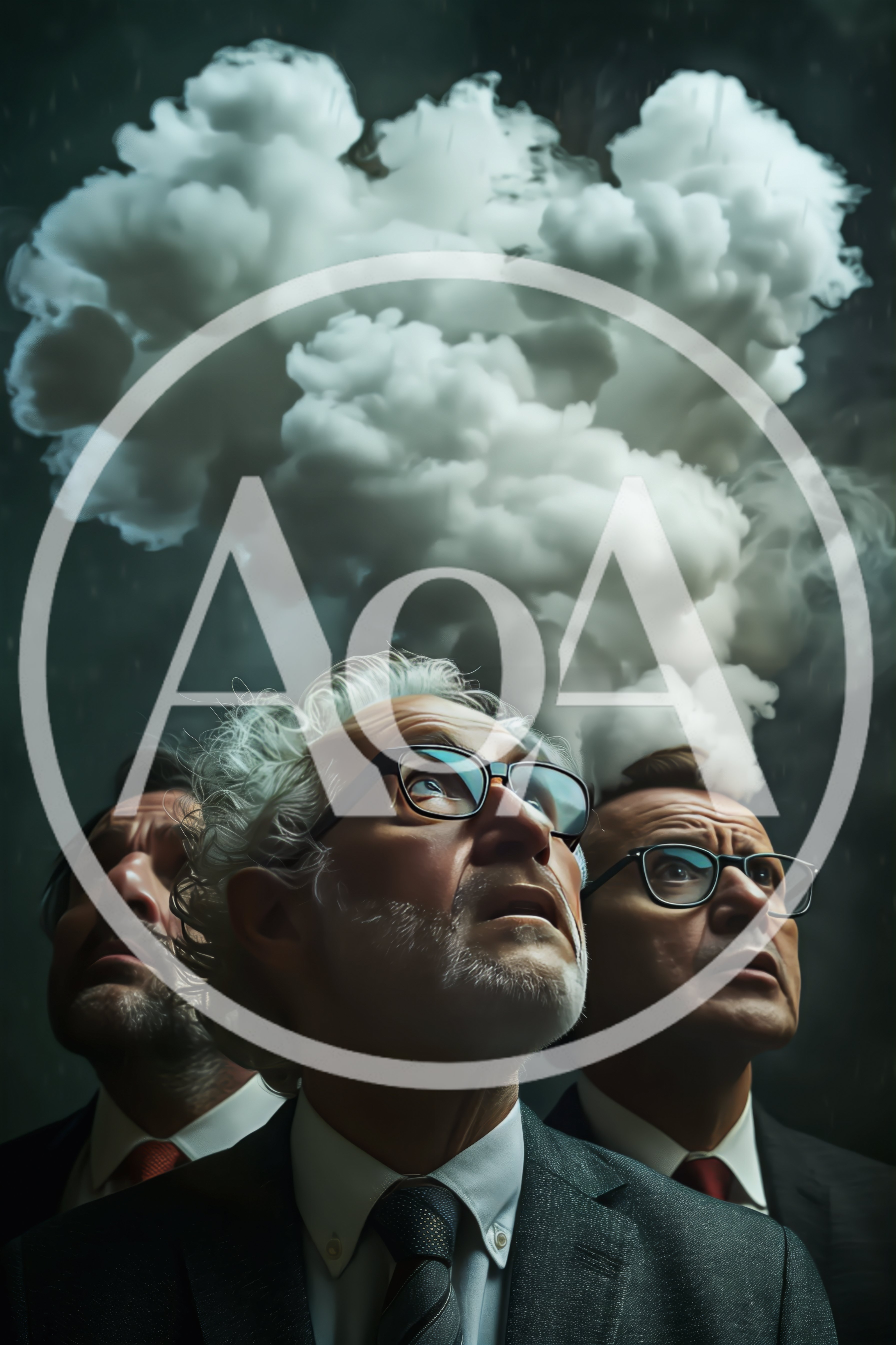 Three Businessmen Looking Up At A Storm Cloud