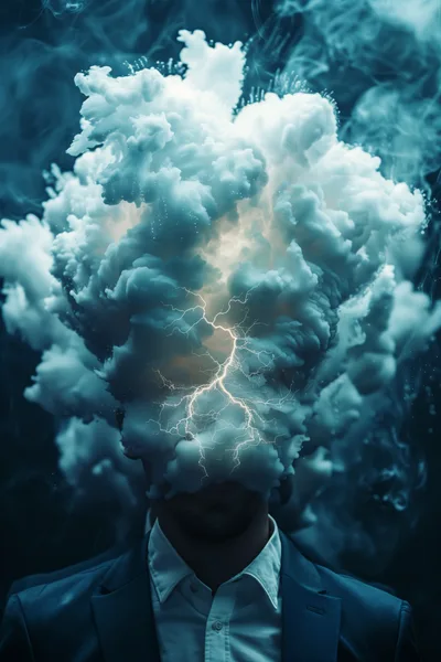 Surreal Portrait Of A Businessman With A Stormy Cloud Head