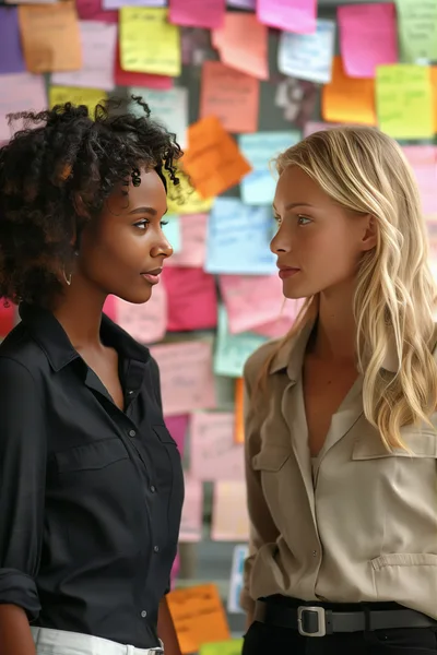 Two Professional Women Collaborating In Front Of Sticky Notes