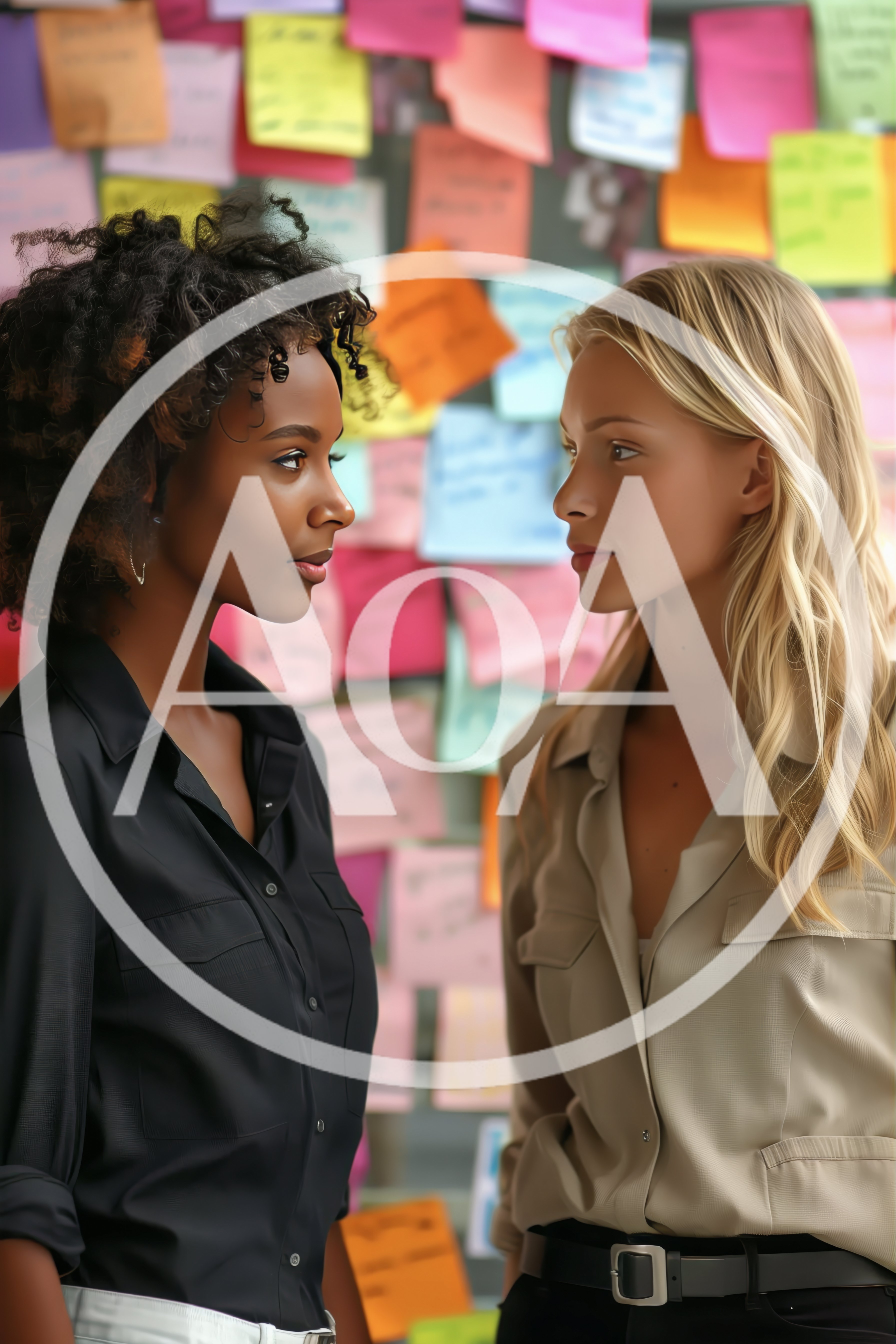 Two Professional Women Collaborating In Front Of Sticky Notes