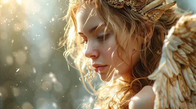 Ethereal Angel With Golden Wings And Ornate Crown