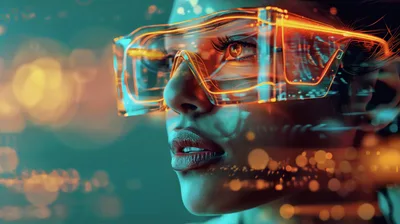 Futuristic Woman Wearing Glowing Augmented Reality Glasses