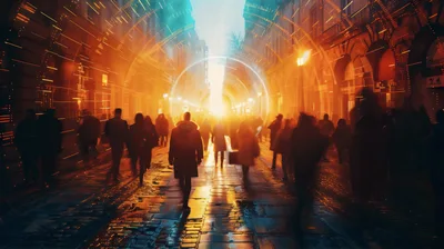 Crowd Walking Through Futuristic Glowing City Street