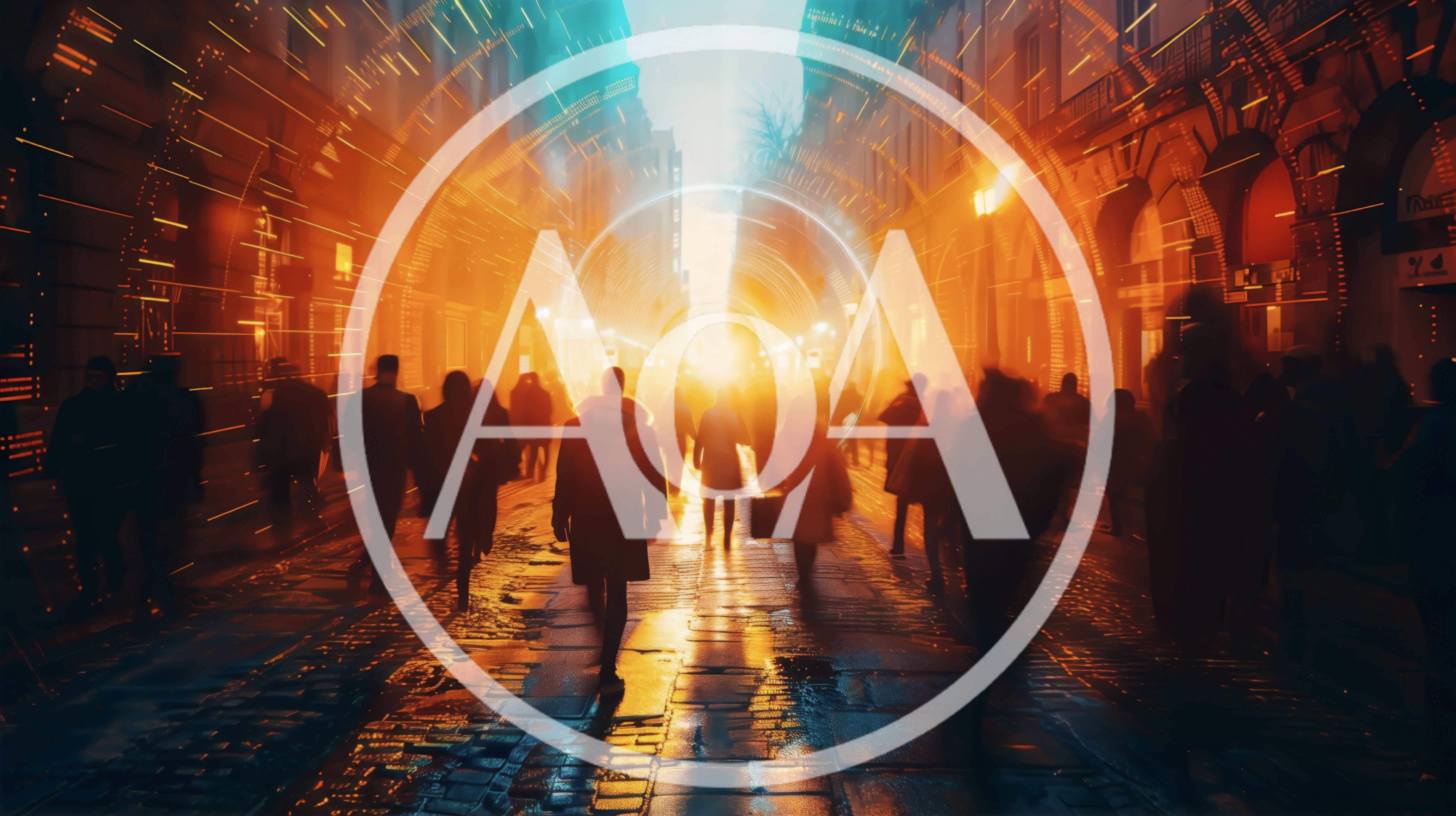 Crowd Walking Through Futuristic Glowing City Street