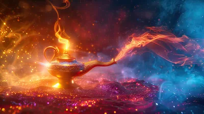 Golden Magic Genie Lamp With Glowing Smoke