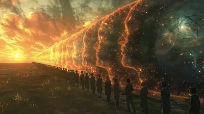 Surreal Line Of People Facing Glowing Ethereal Faces