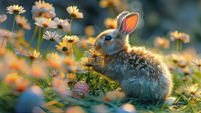 Cute Fluffy Bunny Rabbit In A Daisy Field