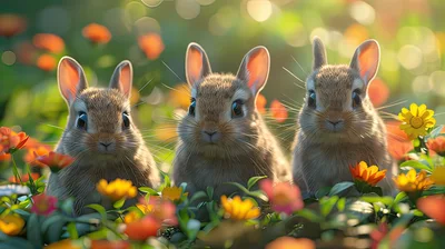 Three Cute Baby Rabbits Sitting In A Flower Garden