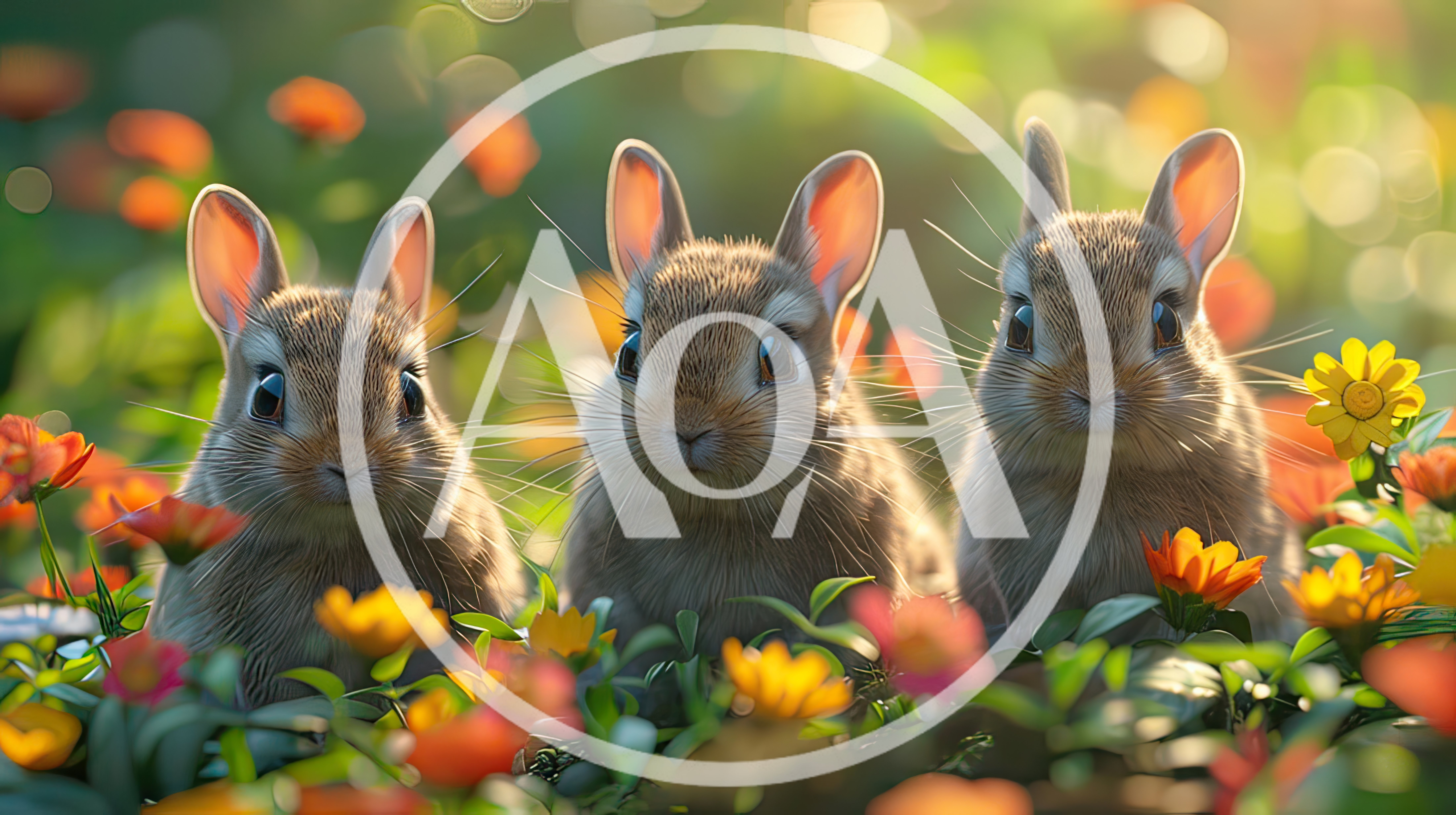 Three Cute Baby Rabbits Sitting In A Flower Garden