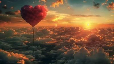 Heart Shaped Balloon Floating Above Clouds At Sunset