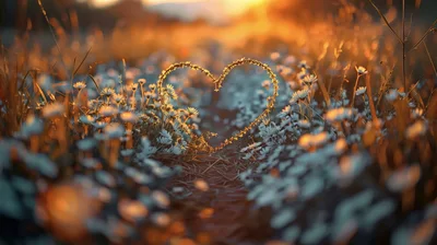 Heart Shape Formed By Wildflowers In Golden Hour Meadow