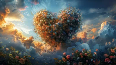 Surreal Heart Shaped Flower Cloud In Dreamy Sky