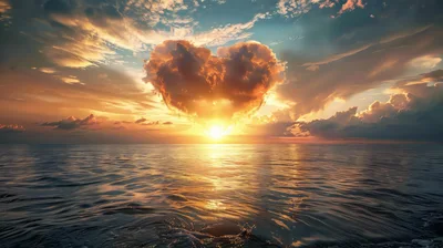Heart Shaped Cloud Over Ocean At Sunset