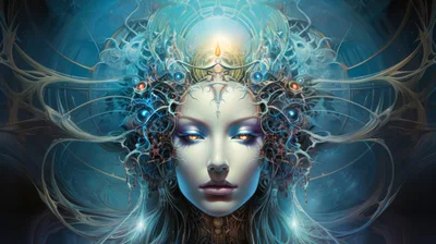 Ethereal Goddess Portrait With Intricate Bioluminescent Ornamentation