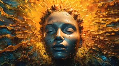 Surreal Portrait Of A Human Face With Liquid Gold