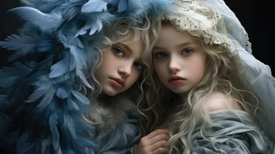Two Ethereal Young Girls With Feathers And Lace