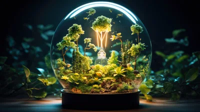 Miniature Forest Ecosystem Inside A Glowing Glass Sphere