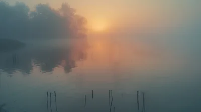 Serene Sunrise Over A Foggy Lake