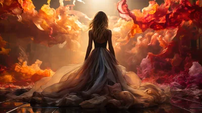 Woman In Flowing Gown Amidst Vibrant Smoke Clouds