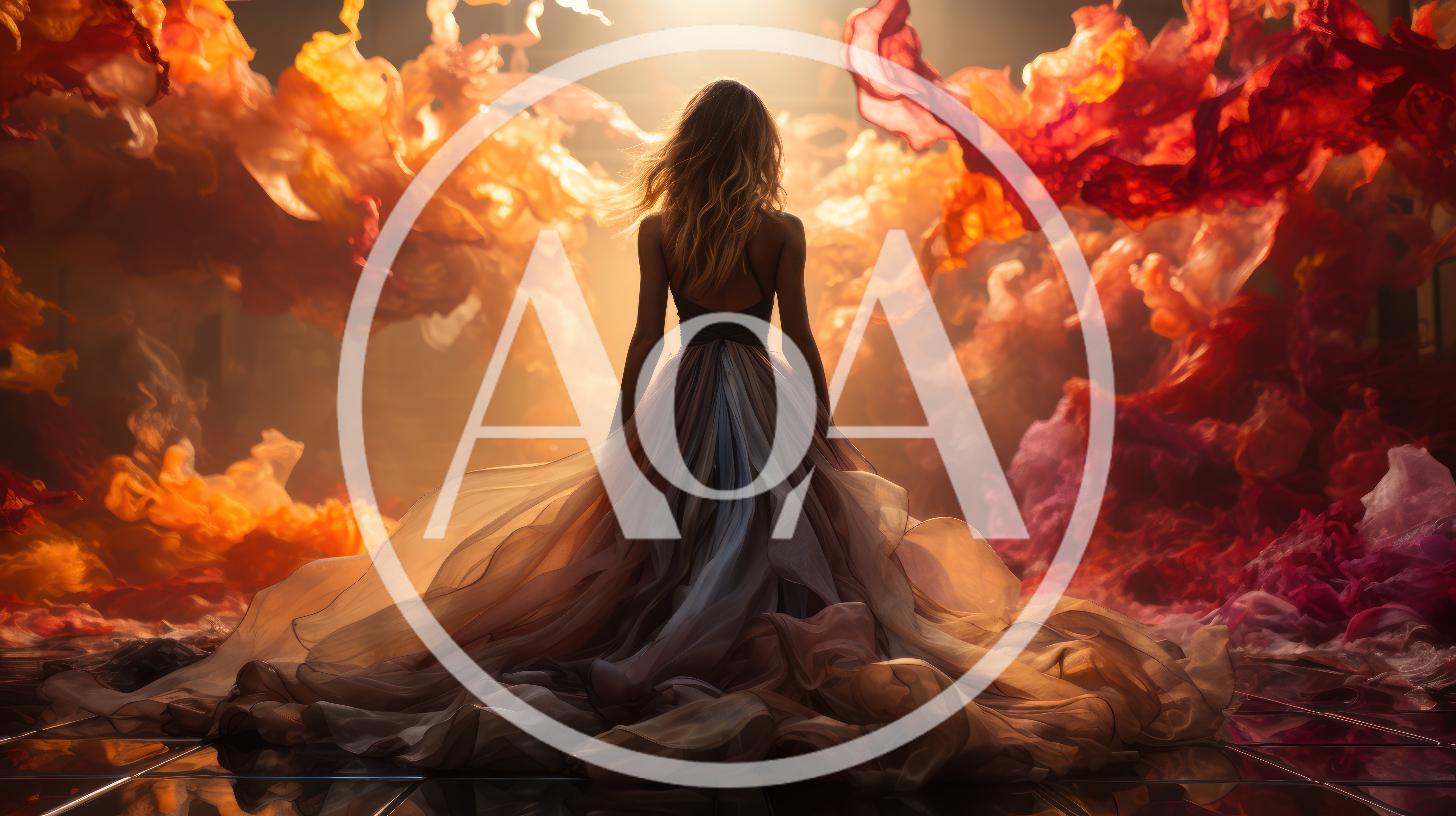Woman In Flowing Gown Amidst Vibrant Smoke Clouds