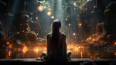 Woman Meditating In A Mystical Glowing Cave