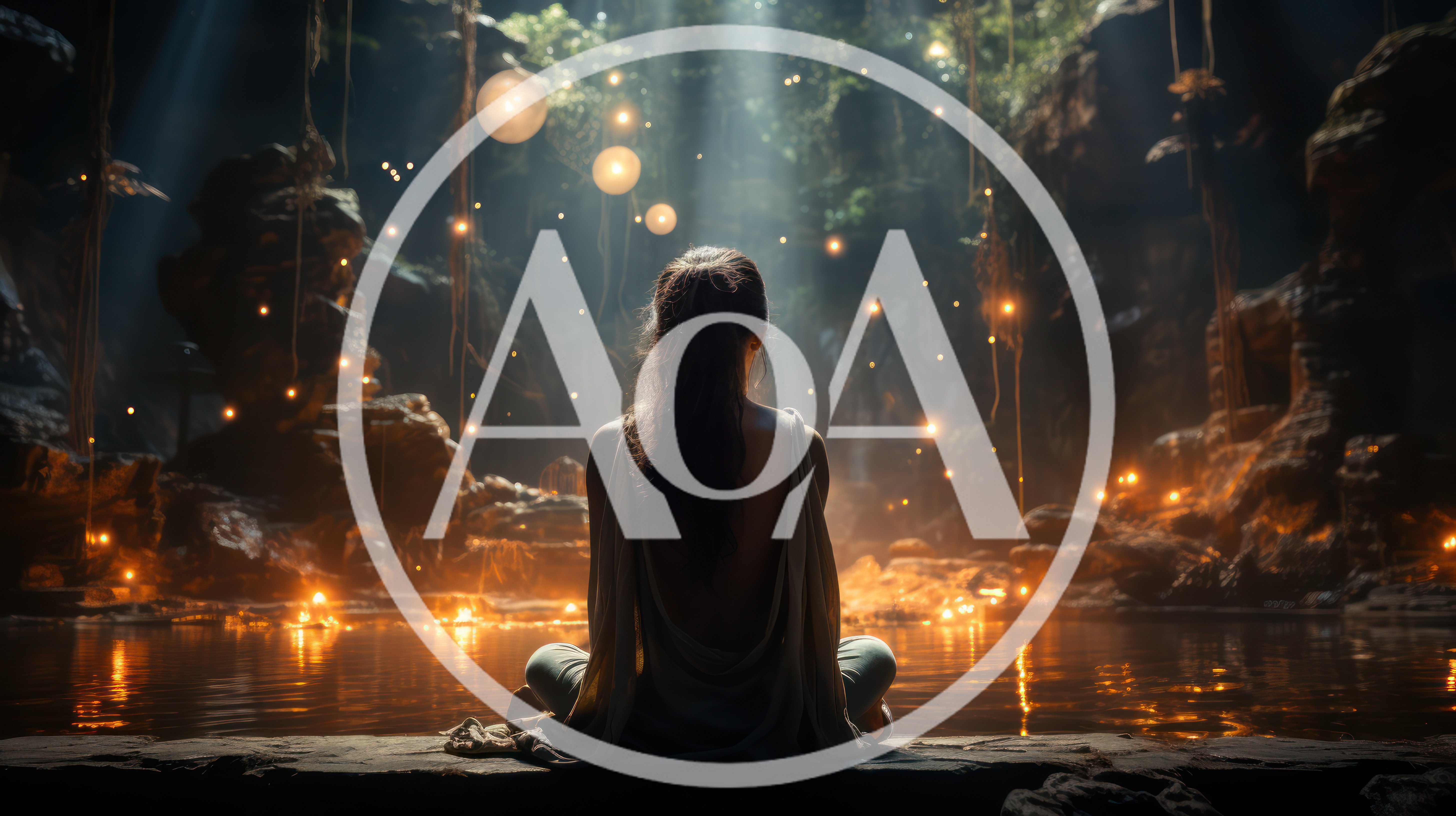 Woman Meditating In A Mystical Glowing Cave