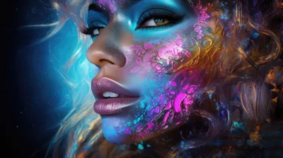 Surreal Portrait Of A Woman With Neon Floral Makeup