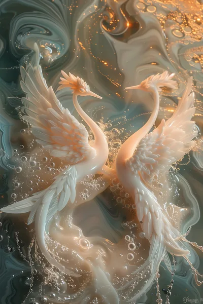 Two Ethereal White Phoenixes In Swirling Liquid
