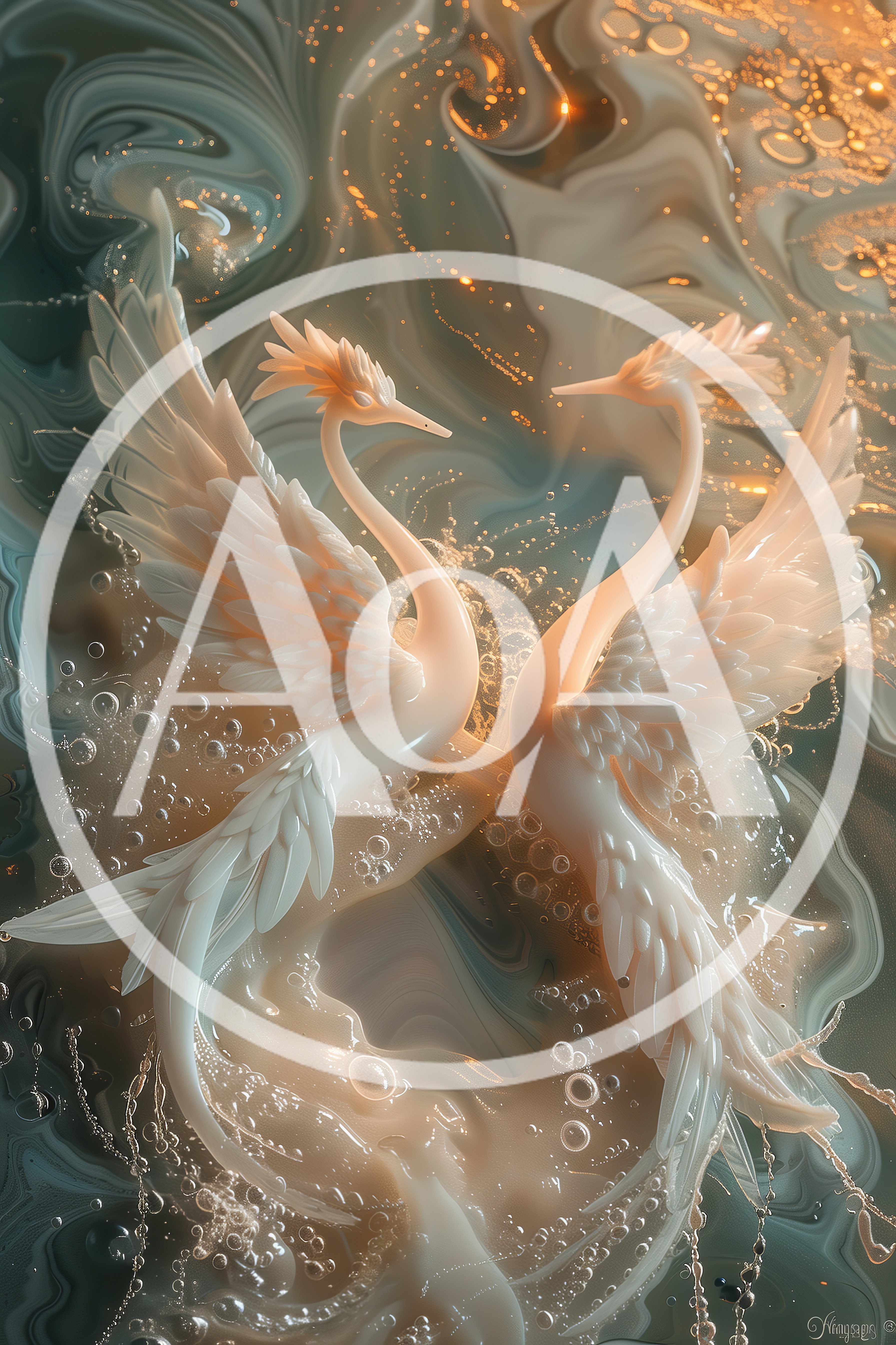 Two Ethereal White Phoenixes In Swirling Liquid