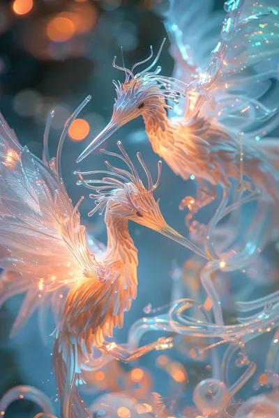 Ethereal Glass Birds In A Dreamy Glowing Atmosphere
