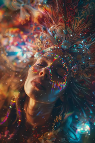 Ethereal Woman With Ornate Headdress And Rainbow Light