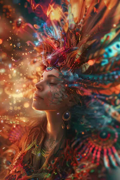 Ethereal Woman With Ornate Tribal Headdress And Glowing Particles
