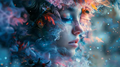 Surreal Portrait Of A Woman With Feathers And Smoke