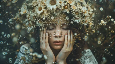 Ethereal Woman Wearing A Daisy Flower Crown