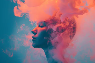 Profile Portrait Of Woman Surrounded By Colorful Smoke
