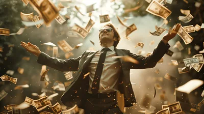 Successful Businessman Celebrating Under Falling Money Rain