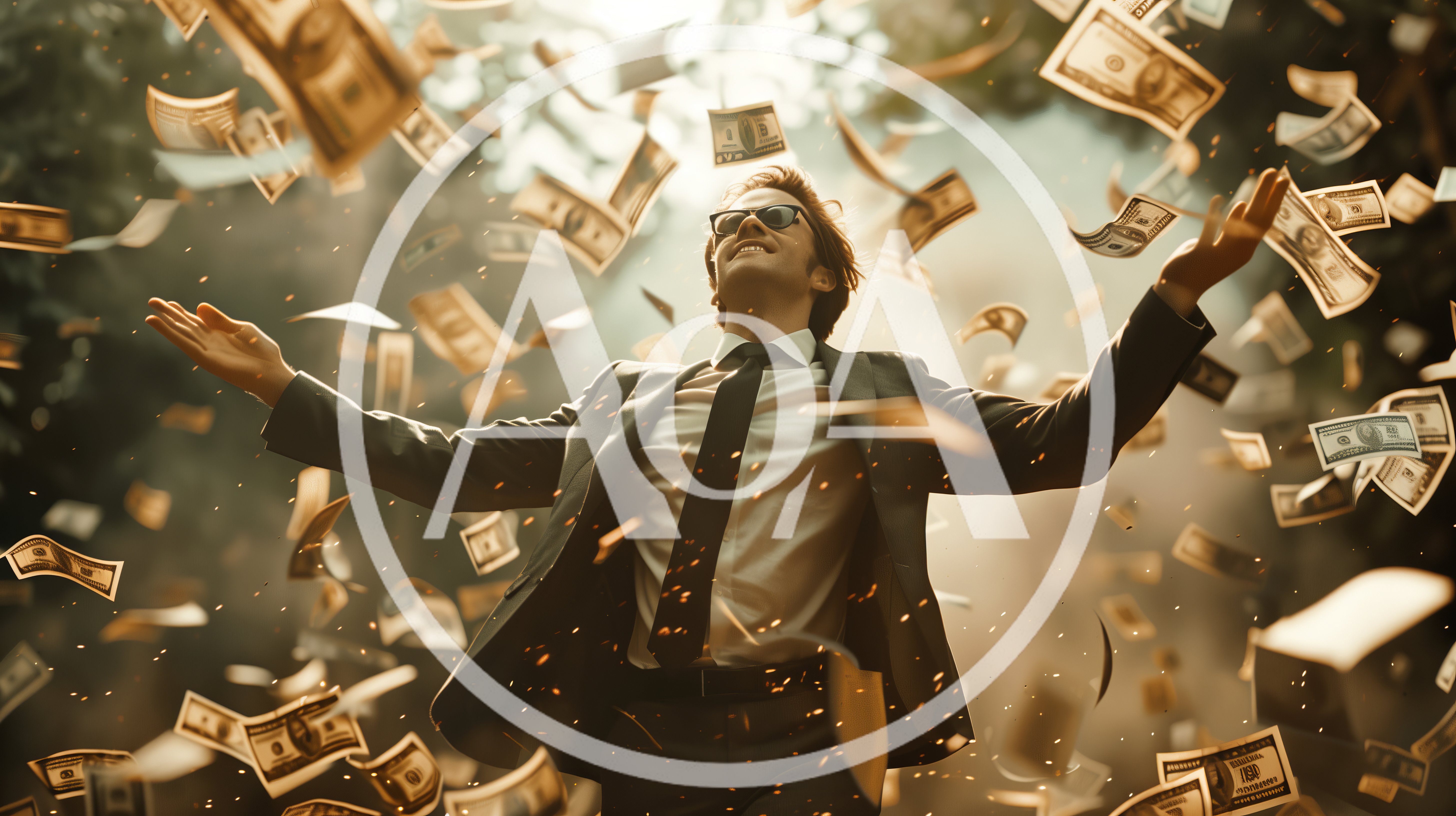 Successful Businessman Celebrating Under Falling Money Rain