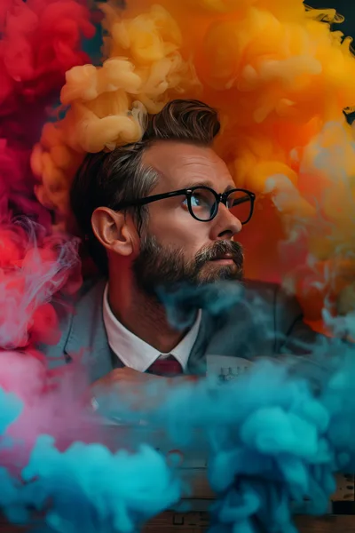 Man With Beard And Glasses Surrounded By Colorful Smoke