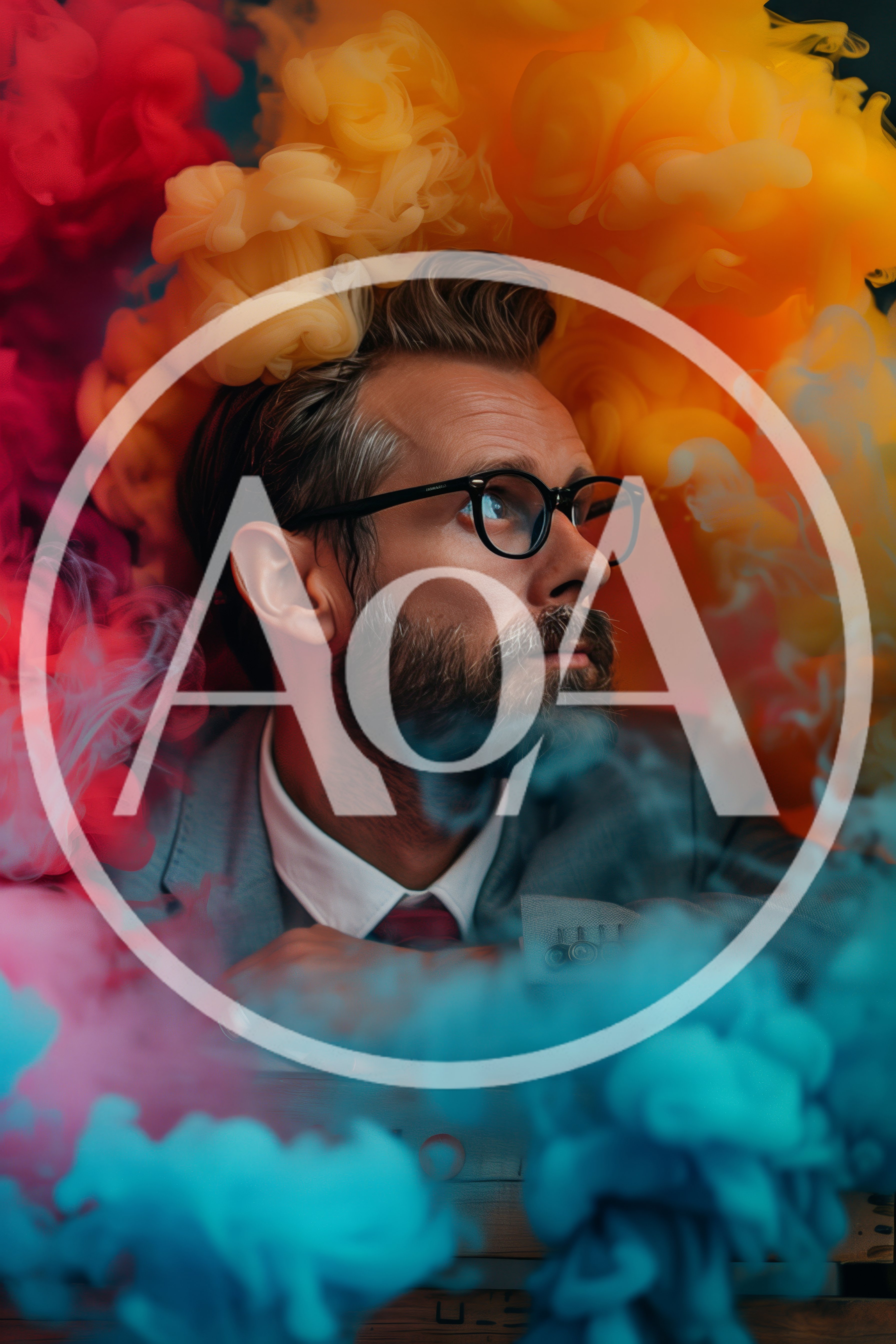 Man With Beard And Glasses Surrounded By Colorful Smoke