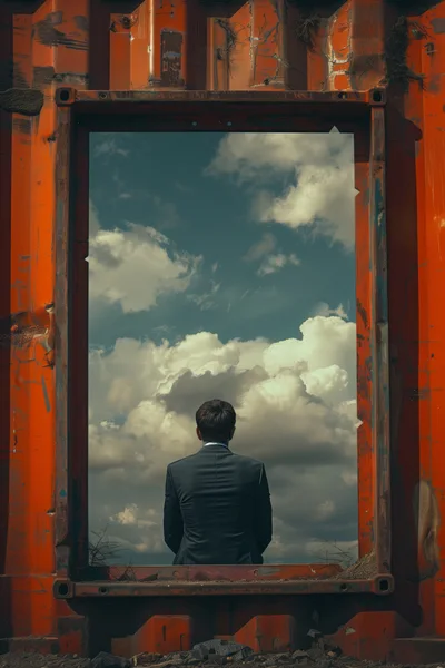 Businessman Sitting Inside A Rusty Shipping Container Frame