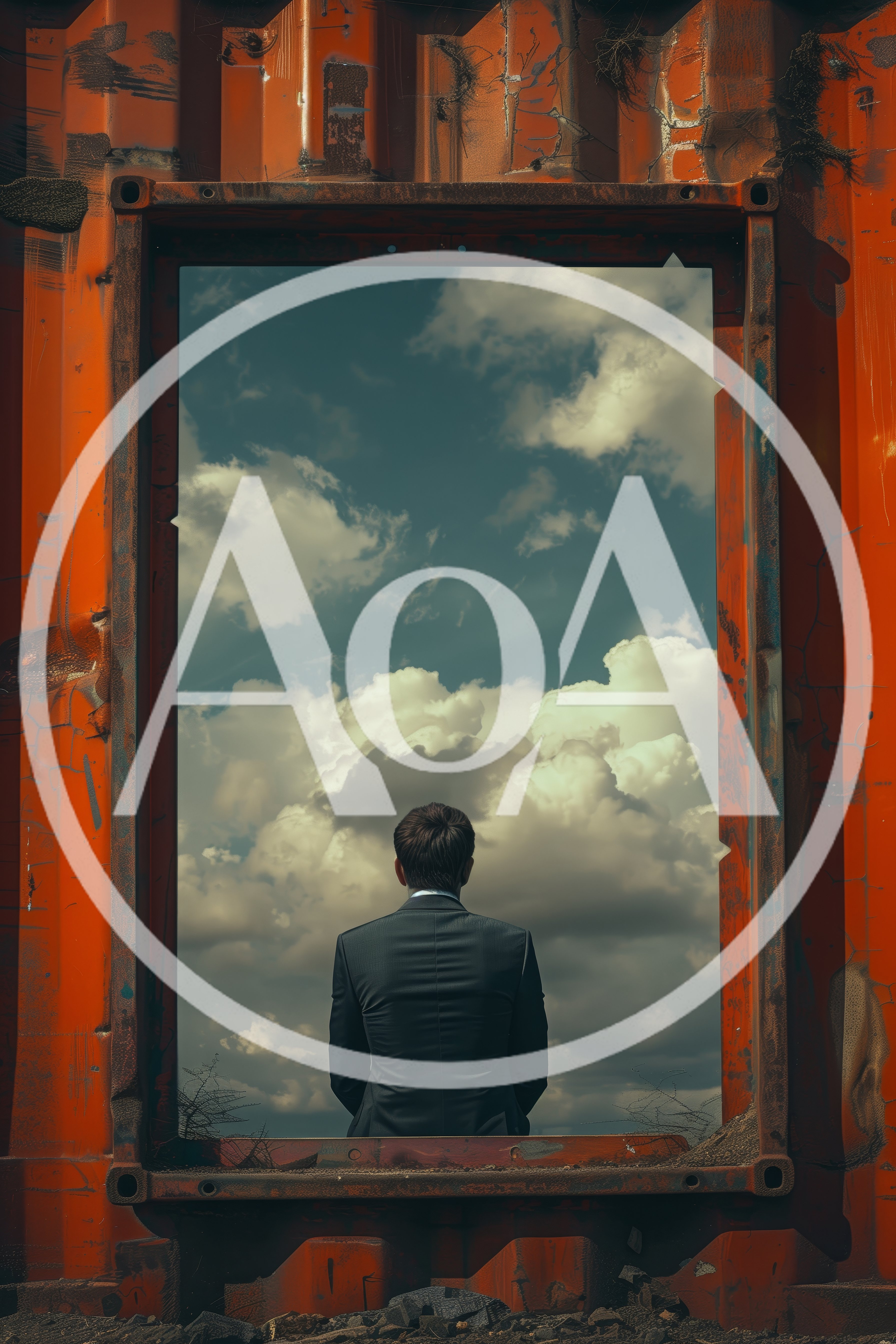 Businessman Sitting Inside A Rusty Shipping Container Frame