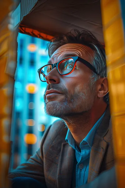 Middle Aged Man Looking Up Through Window