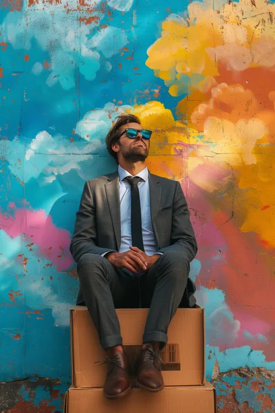 Businessman Sitting On Cardboard Boxes Against Colorful Mural
