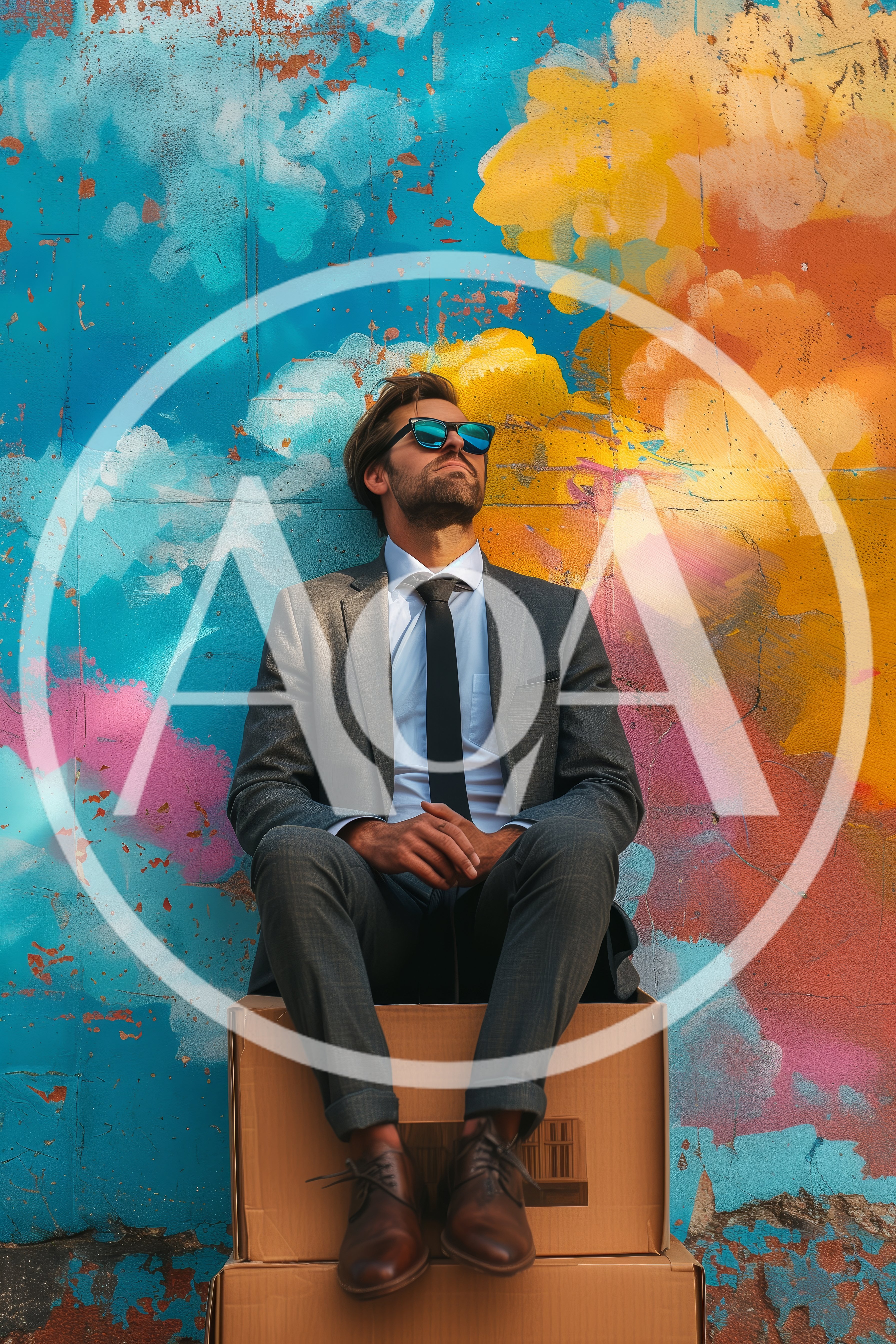 Businessman Sitting On Cardboard Boxes Against Colorful Mural