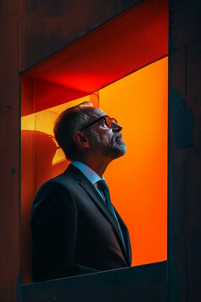 Mature Businessman Looking Up In Orange Light