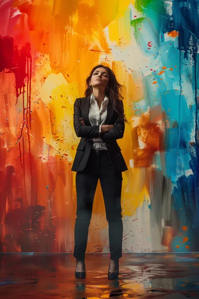 Confident Businesswoman Standing Before A Vibrant Abstract Painted Wall
