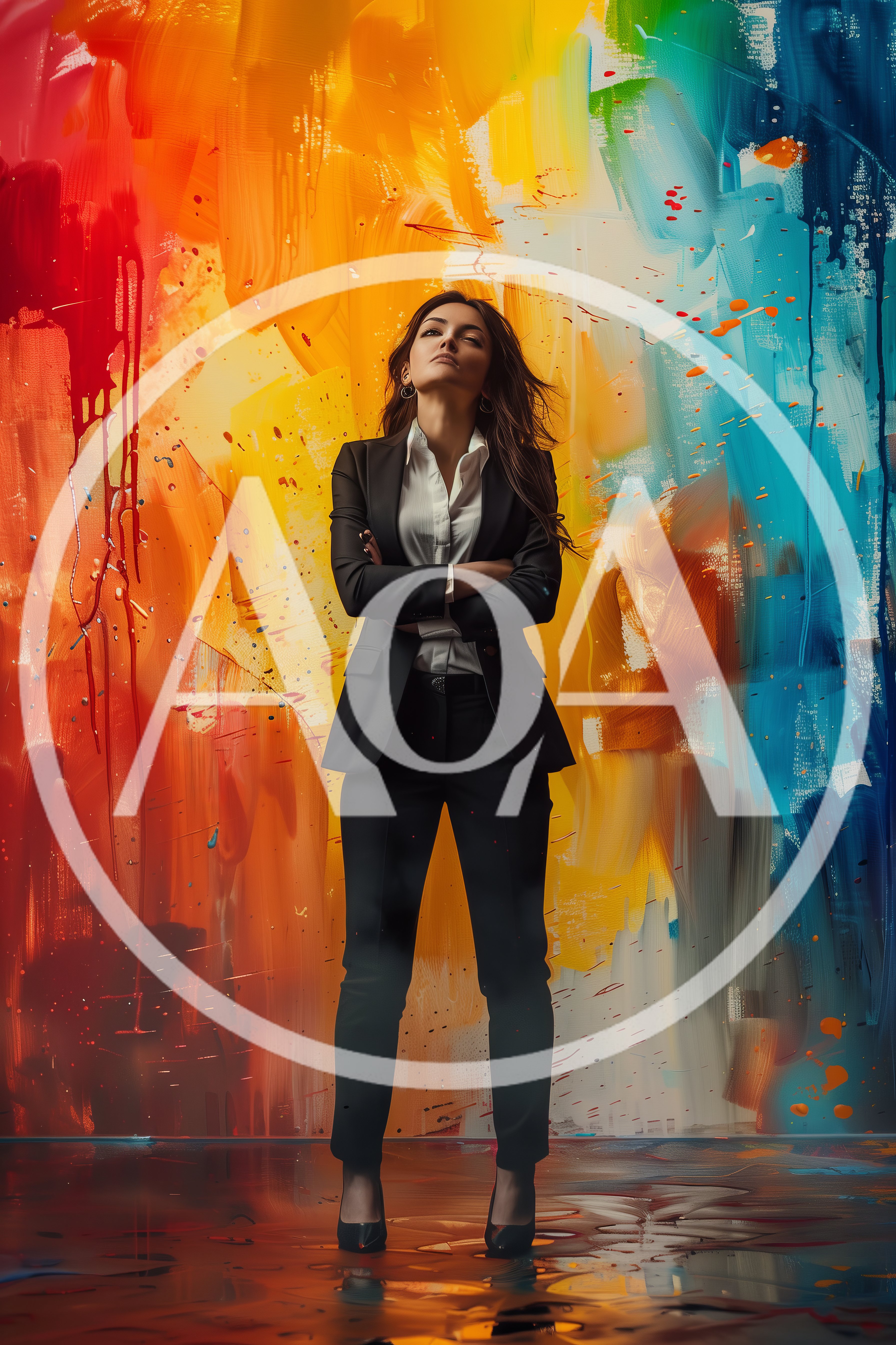 Confident Businesswoman Standing Before A Vibrant Abstract Painted Wall