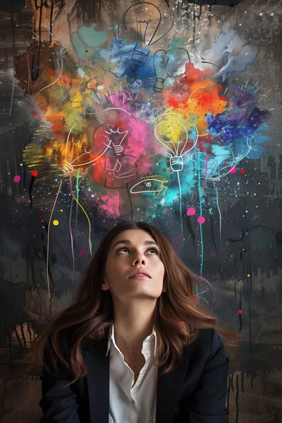 Businesswoman Looking Up at Creative Lightbulb Concept Art